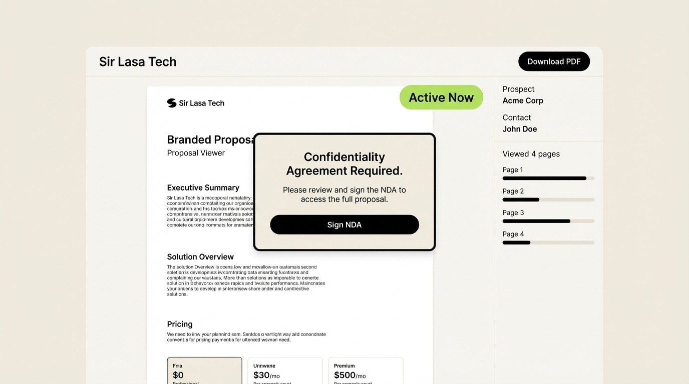 Branded proposal Document Hosting Software showing NDA gate, prospect activity feed, and engagement tracking