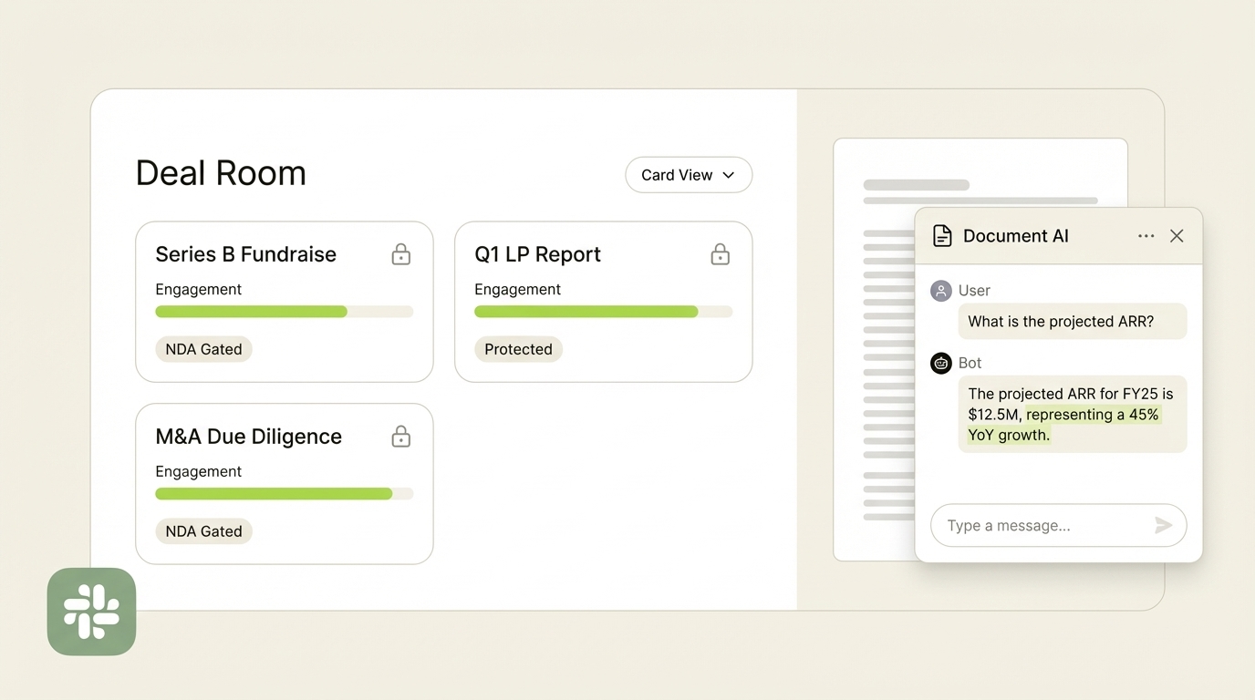 SendNow Cloud Storage Software with AI chatbot, deal cards, and Slack integration