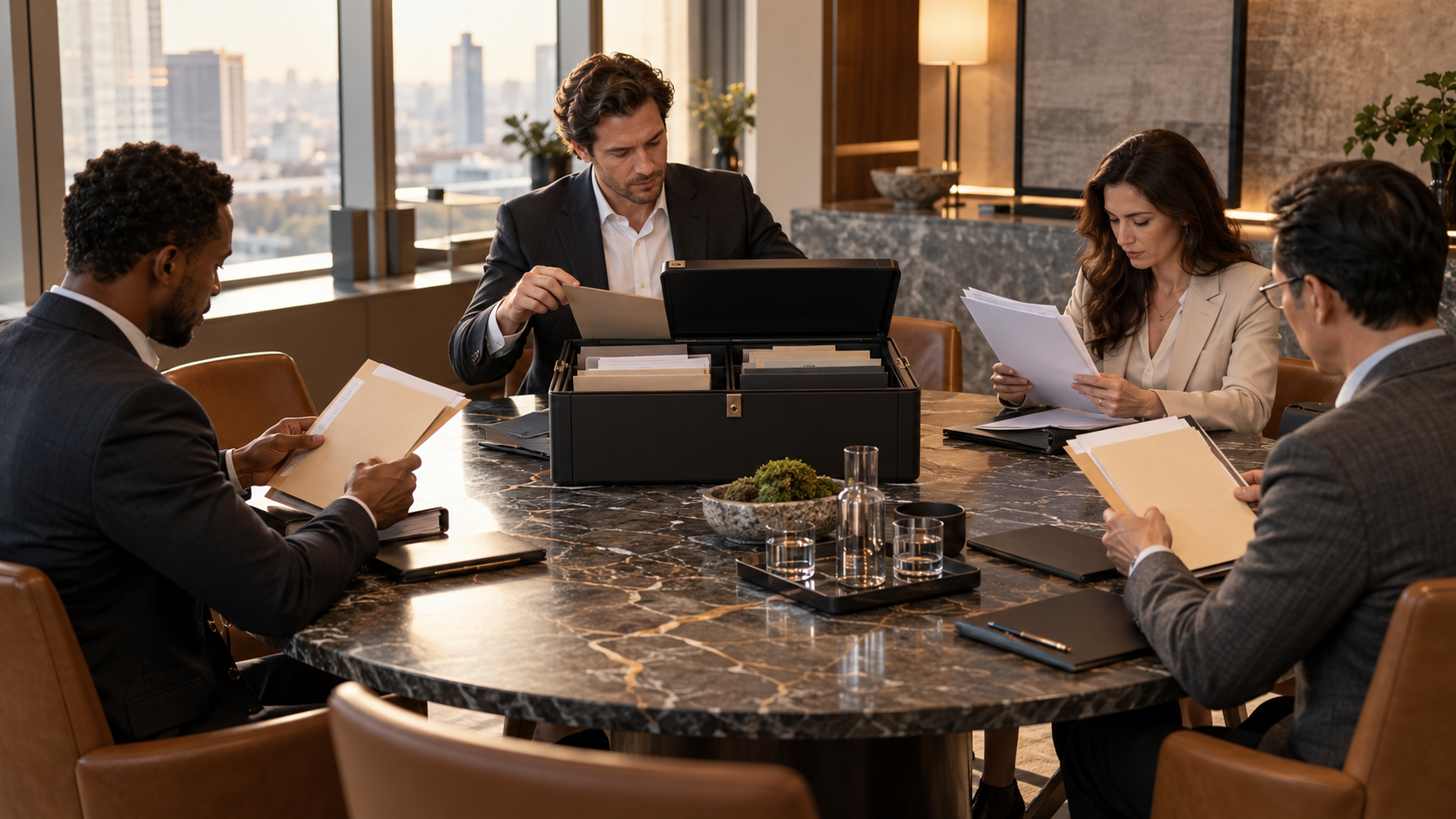 Founder, legal counsel, and investors receiving staged access to fundraising documents