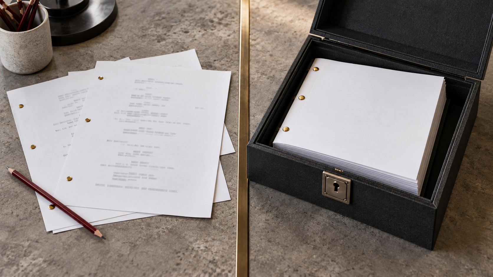 Limited casting pages separated from a complete screenplay secured in a locked case