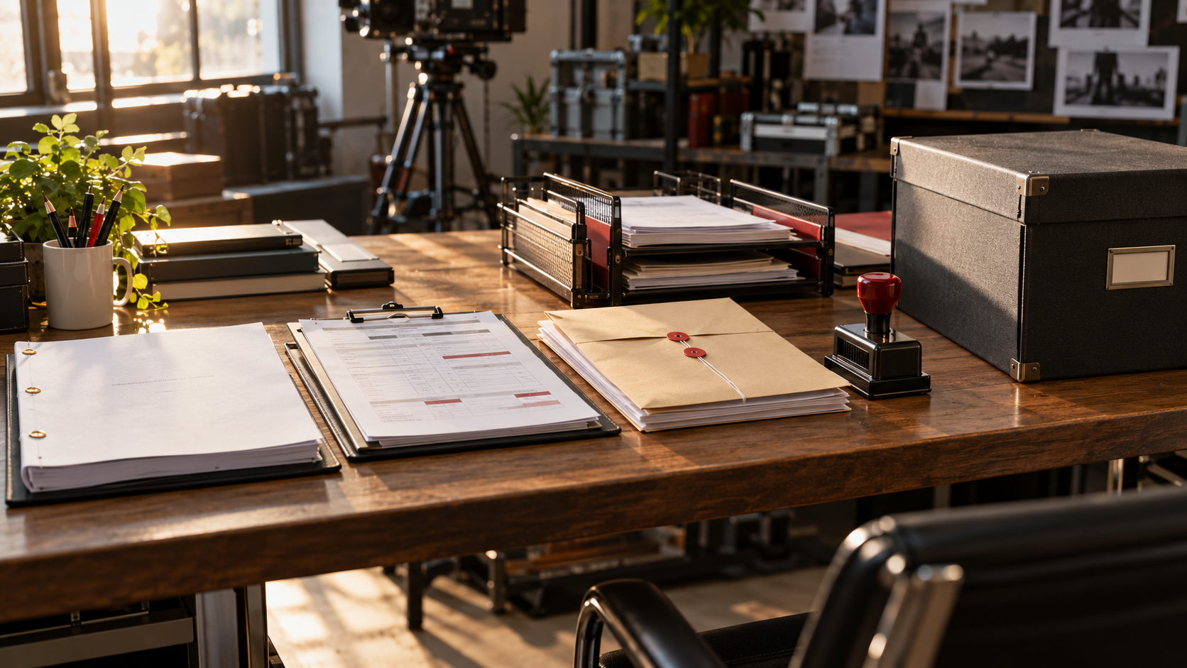 Screenplay, call sheet, contracts, approvals and archive arranged across a protected production workflow