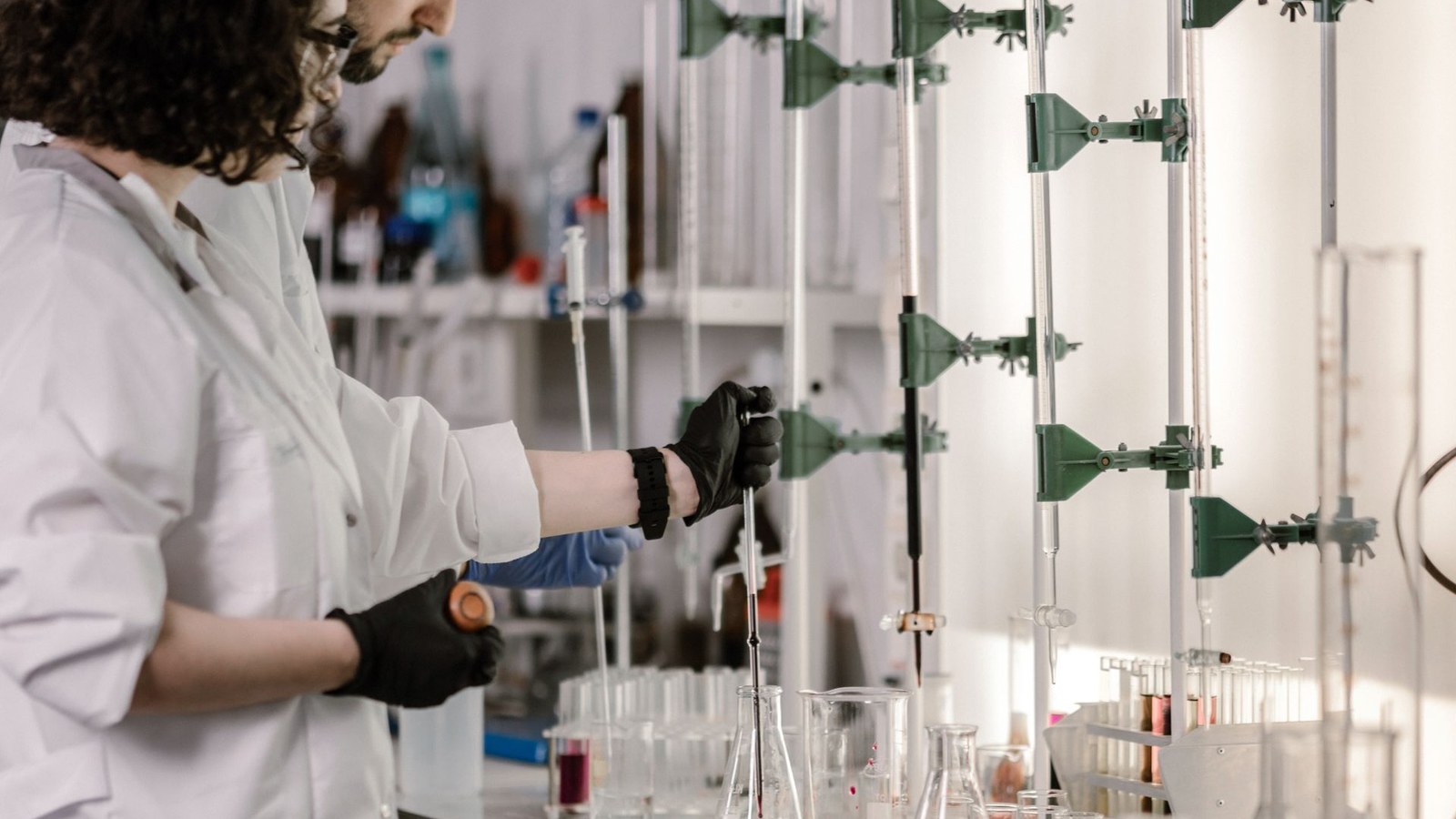 Scientists working in a biotechnology laboratory for a life sciences data room